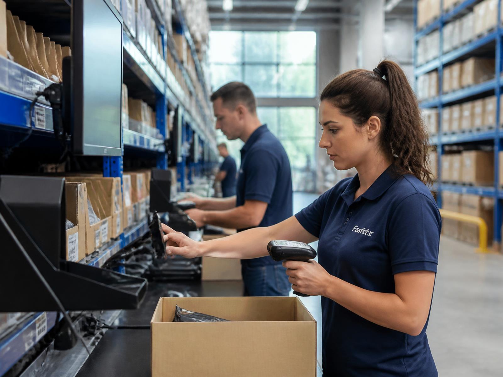 Workers scanning inventory at a modern e-commerce fulfillment center