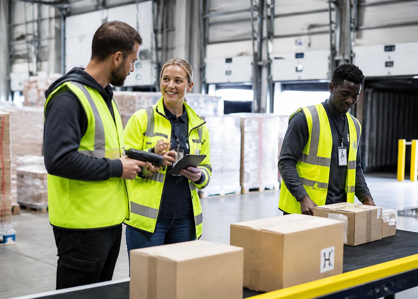 Warehouse team reviewing parcels on a conveyor at a fulfillment center